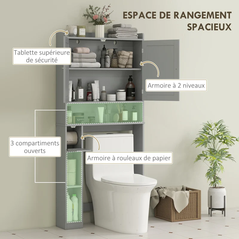Meuble au-dessus des toilettes 80 x 19,5 x 170 cm rangement spacieux porte-papier intégré moderne épuré en MDF gris 21_0002098