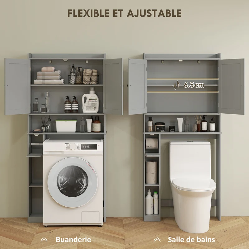 Meuble au-dessus des toilettes 80 x 19,5 x 170 cm rangement spacieux porte-papier intégré moderne épuré en MDF gris 21_0002098