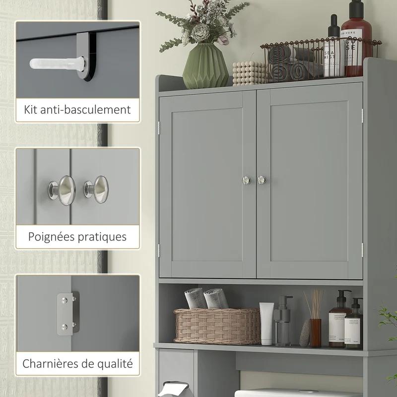 Meuble au-dessus des toilettes 80 x 19,5 x 170 cm rangement spacieux porte-papier intégré moderne épuré en MDF gris 21_0002098