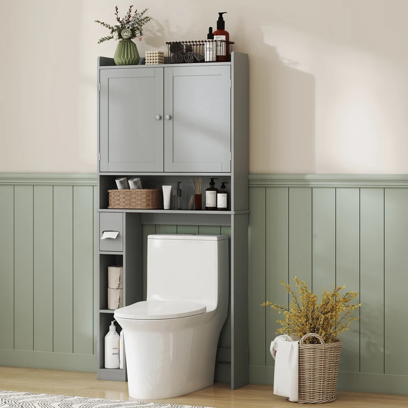 Meuble au-dessus des toilettes 80 x 19,5 x 170 cm rangement spacieux porte-papier intégré moderne épuré en MDF gris 21_0002098