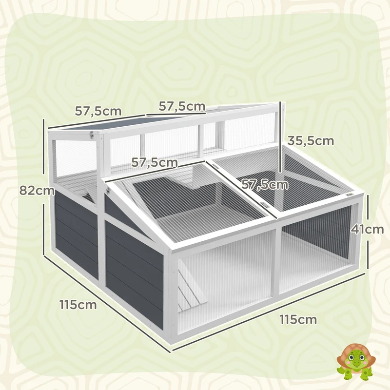 Maison enclos pour tortue spacieuse 115 x 115 x 82 cm double niveau rampe accès facile style scandinave en bois gris 21_0007842