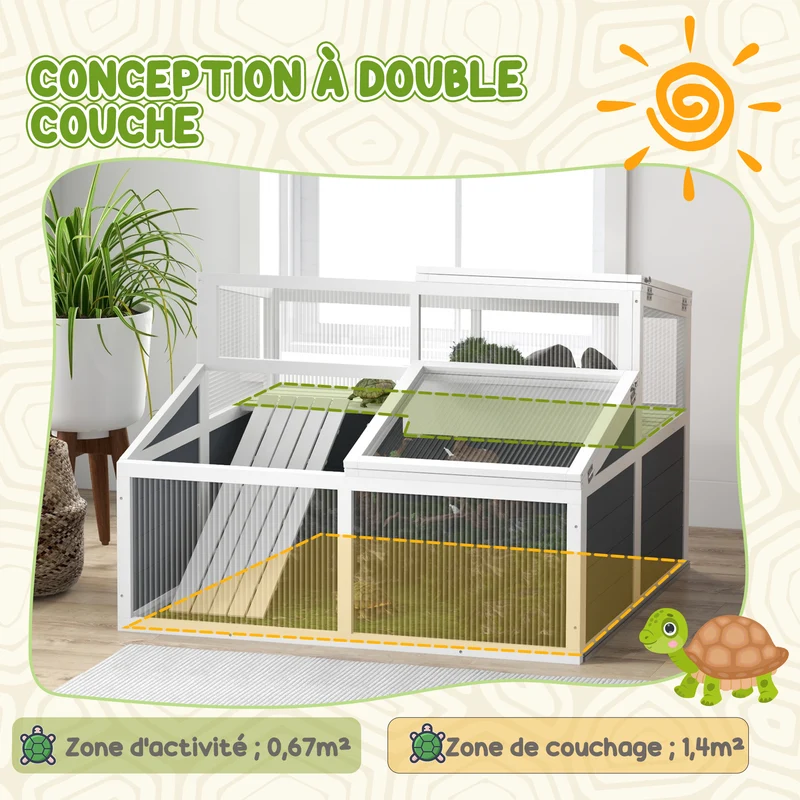 Maison enclos pour tortue spacieuse 115 x 115 x 82 cm double niveau rampe accès facile style scandinave en bois gris 21_0007842