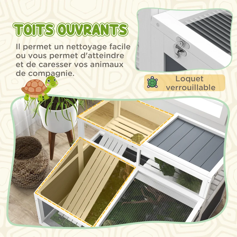 Maison enclos pour tortue spacieuse 115 x 115 x 82 cm double niveau rampe accès facile style scandinave en bois gris 21_0007842