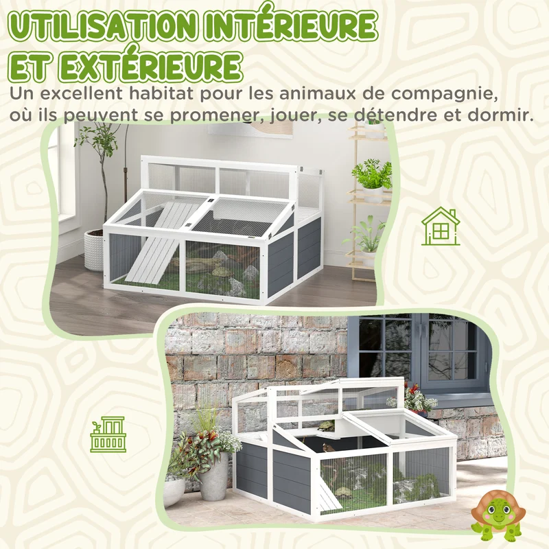 Maison enclos pour tortue spacieuse 115 x 115 x 82 cm double niveau rampe accès facile style scandinave en bois gris 21_0007842