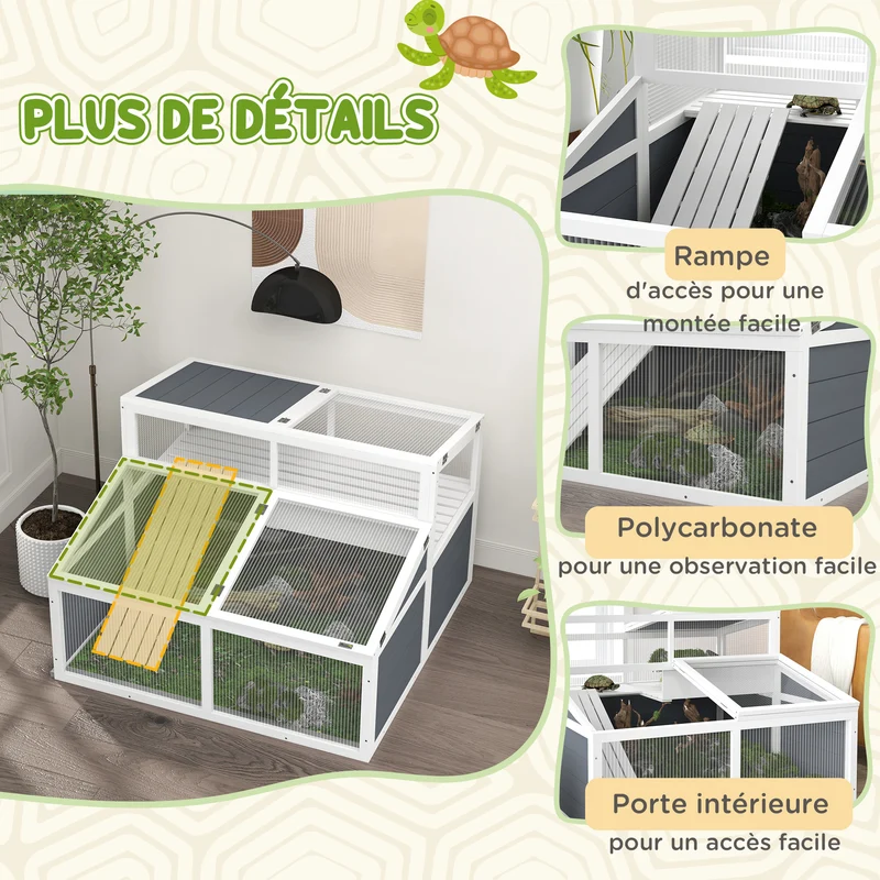 Maison enclos pour tortue spacieuse 115 x 115 x 82 cm double niveau rampe accès facile style scandinave en bois gris 21_0007842
