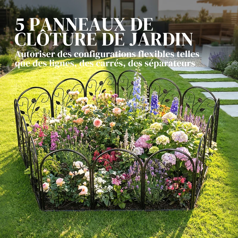Lot de 5 clôtures de jardin modulaires 80 x 60 cm antirouille pour plantes grimpantes style contemporain en métal noir 21_0005701