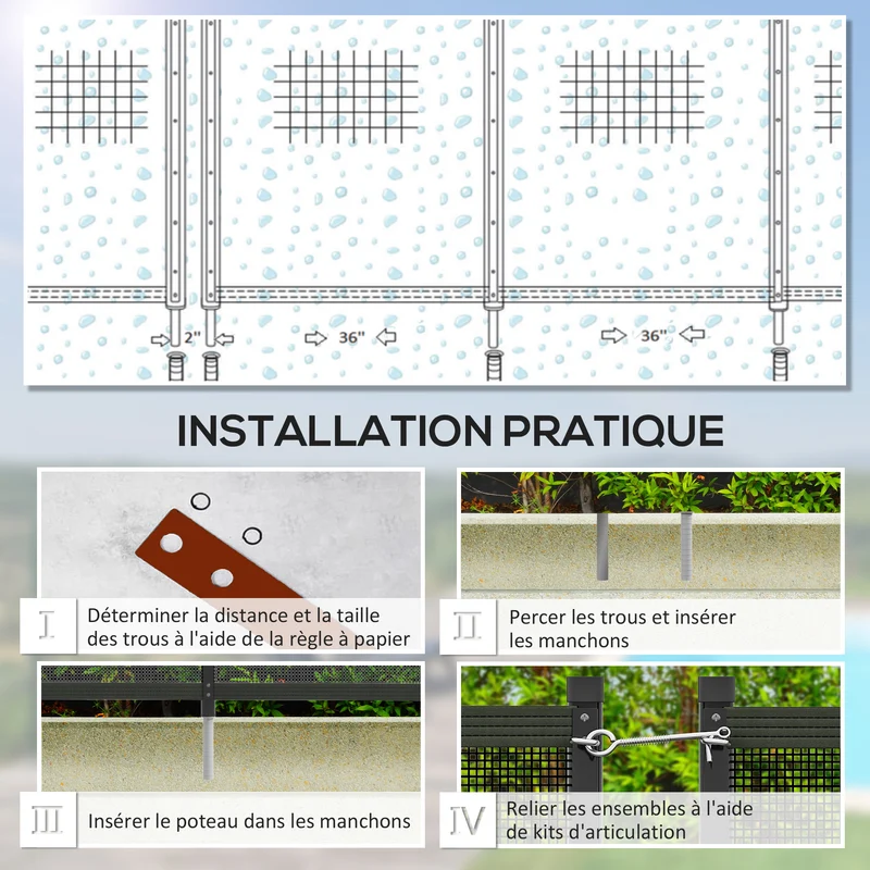 Lot de 4 clôture barrière de sécurité pour piscine filet 365 x 126 x 2 cm pose facile moderne robuste en aluminium noir 21_0004006