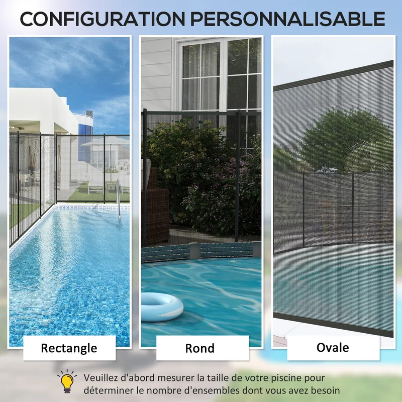 Lot de 4 clôture barrière de sécurité pour piscine filet 365 x 126 x 2 cm pose facile moderne robuste en aluminium noir 21_0004006