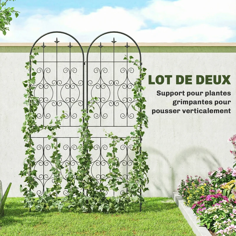 Lot de 2 treillis de jardin 50 x 180 x 15 cm panneau d'intimité support pour grimpantes volutes décoratif en métal noir 21_0005565