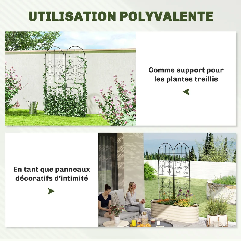 Lot de 2 treillis de jardin 50 x 180 x 15 cm panneau d'intimité support pour grimpantes volutes décoratif en métal noir 21_0005565