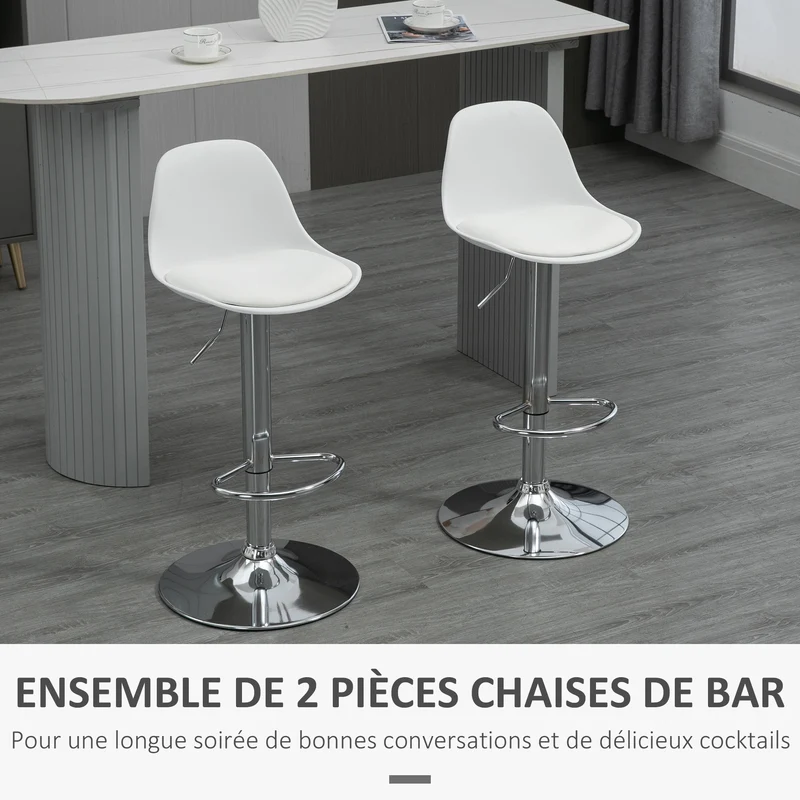 Lot de 2 tabourets de bar 41 x 42 x 82-104 cm pivotants assise rembourrée dossier enveloppant scandinave en PU blanc 21_0002264