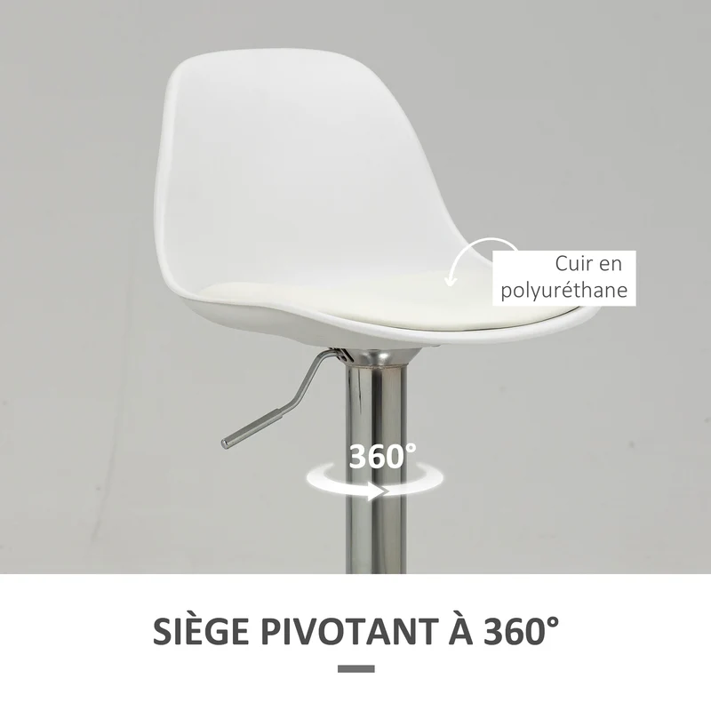 Lot de 2 tabourets de bar 41 x 42 x 82-104 cm pivotants assise rembourrée dossier enveloppant scandinave en PU blanc 21_0002264