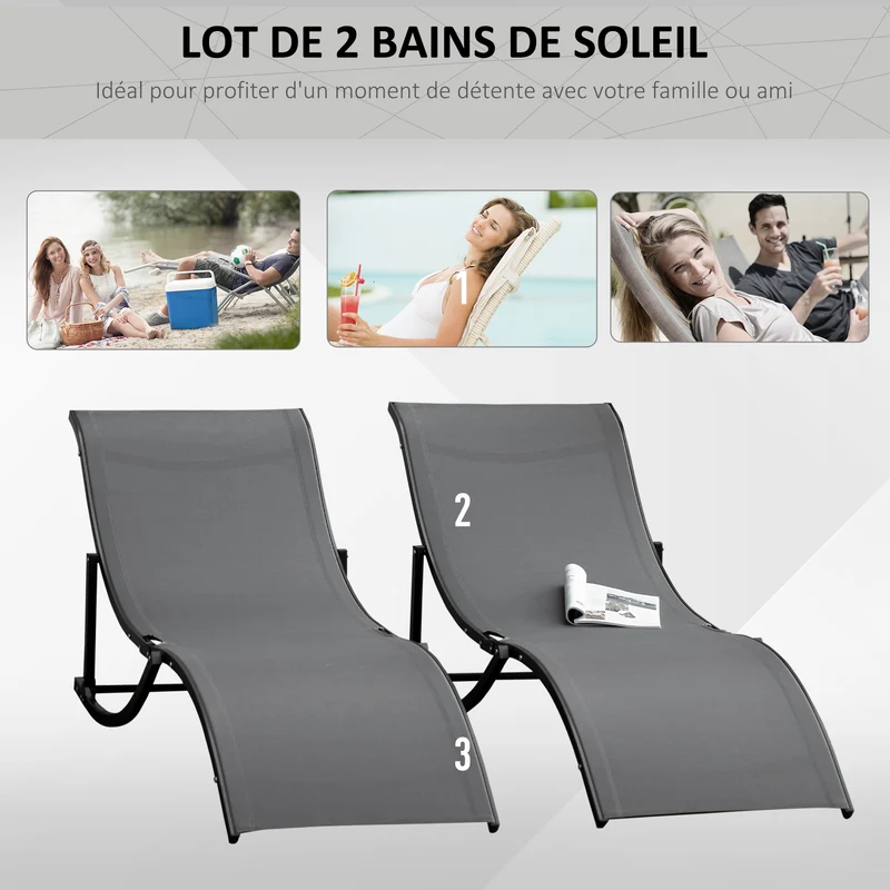 Lot de 2 bains de soleil pliables 165 x 61 x 63 cm légers contemporain pour jardin terrasse en aluminium anthracite 21_0004658