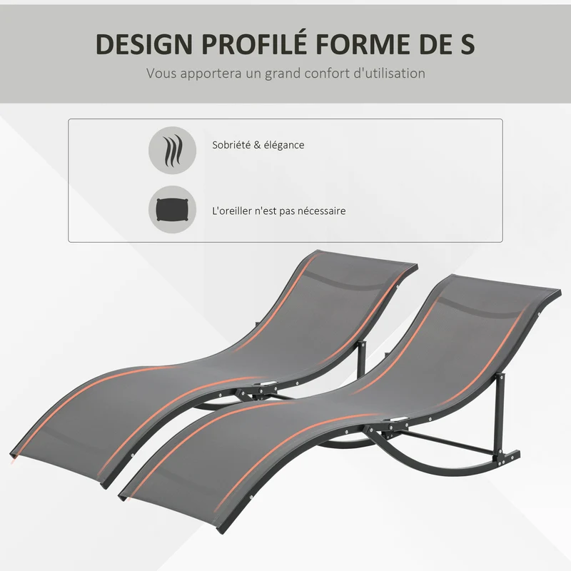 Lot de 2 bains de soleil pliables 165 x 61 x 63 cm légers contemporain pour jardin terrasse en aluminium anthracite 21_0004658