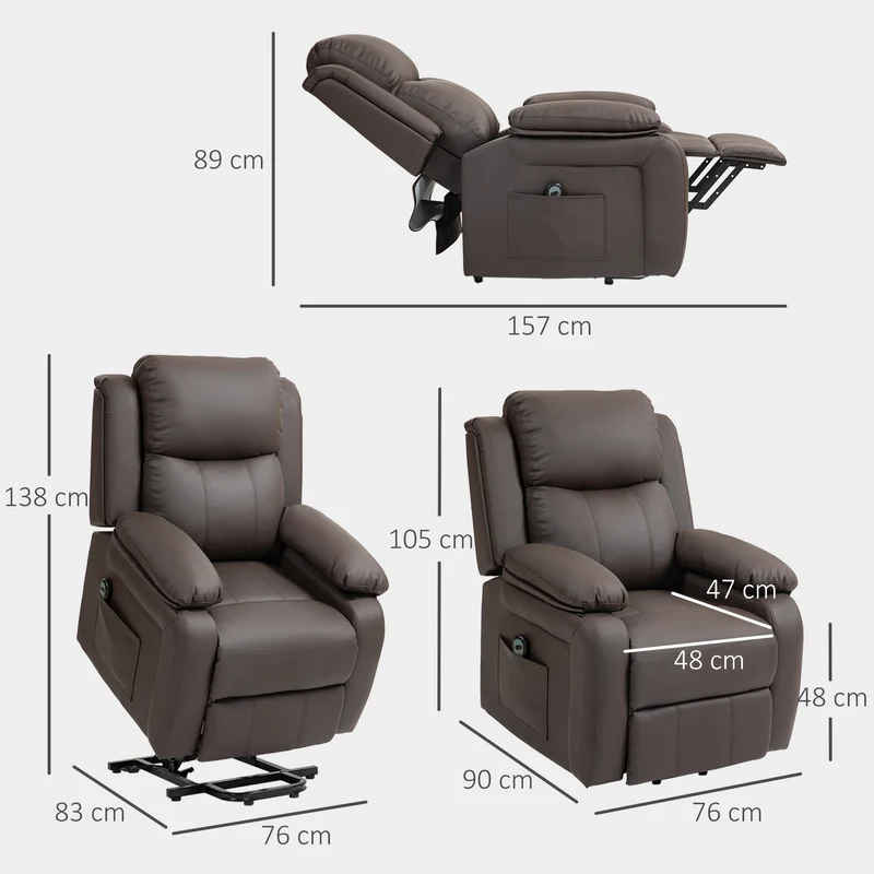 Fauteuil releveur électrique relax 76 x 90 x 105 cm relevage motorisé inclinaison 160° moderne contemporain en PU marron 21_0000878