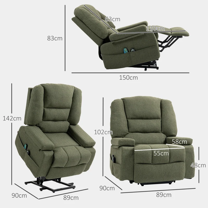 Fauteuil releveur électrique inclinable 89 x 90 x 102 cm massage chauffant assise ergonomique moderne en polyester vert 21_0000907