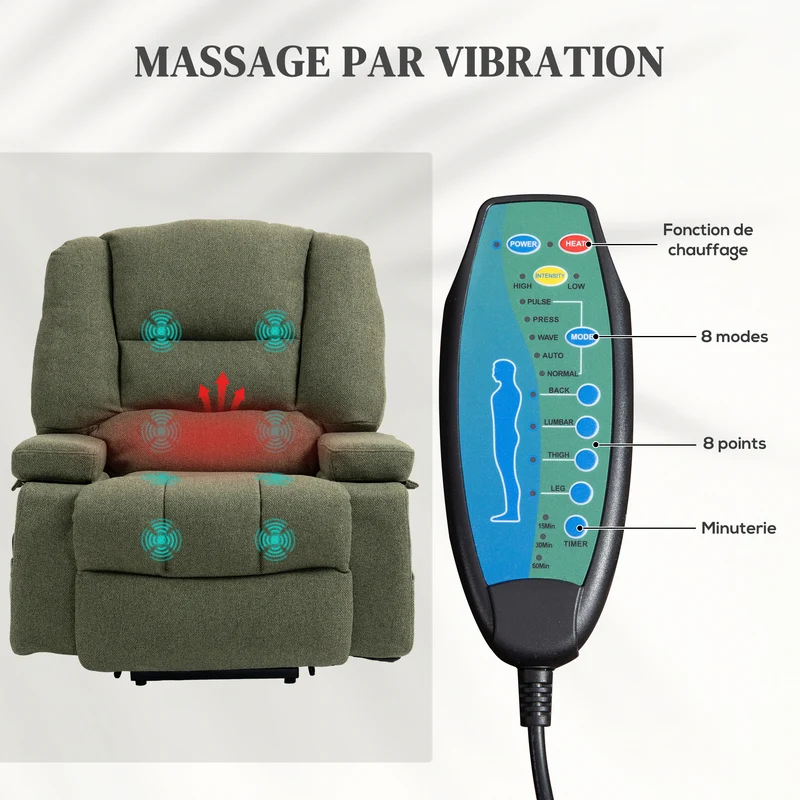 Fauteuil releveur électrique inclinable 89 x 90 x 102 cm massage chauffant assise ergonomique moderne en polyester vert 21_0000907