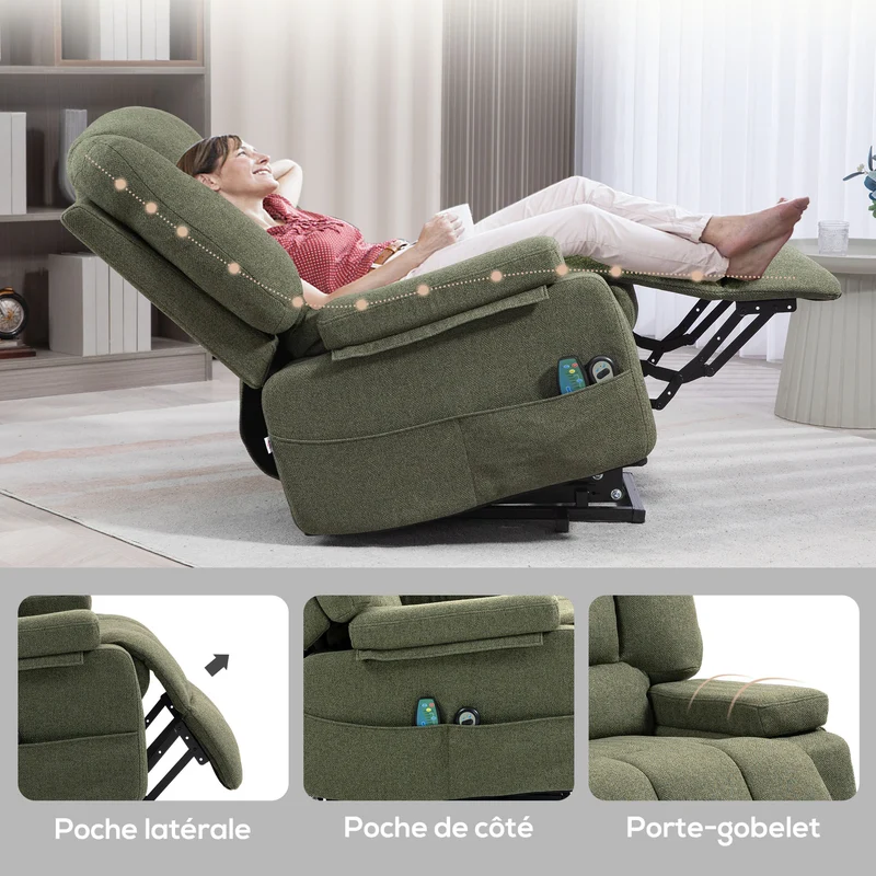 Fauteuil releveur électrique inclinable 89 x 90 x 102 cm massage chauffant assise ergonomique moderne en polyester vert 21_0000907