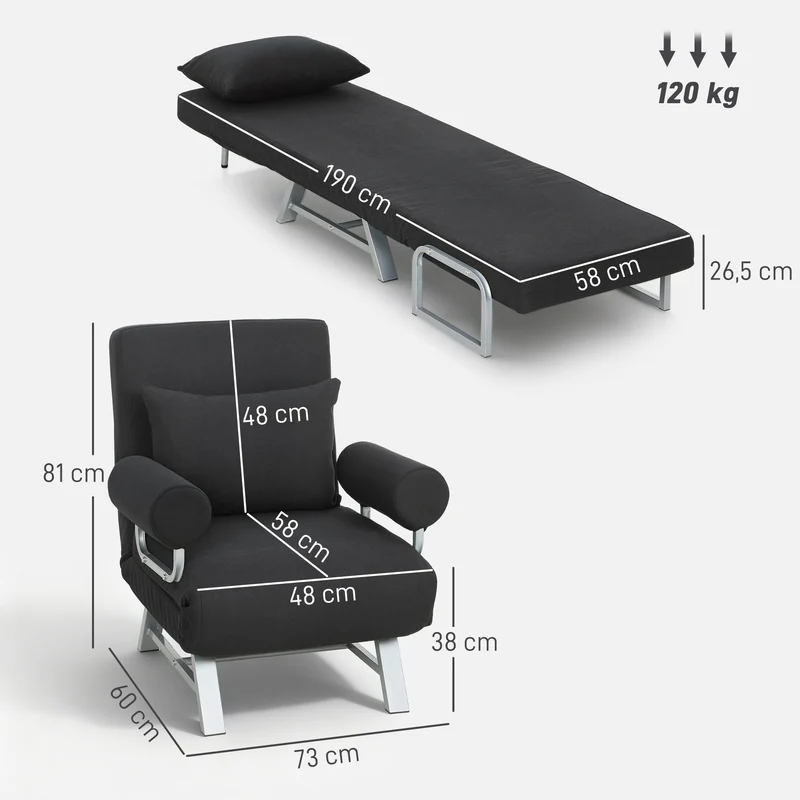 Fauteuil chauffeuse convertible 1 place 73 x 60 x 81 cm dossier réglable 5 positions confortable moderne en lin noir 21_0003029