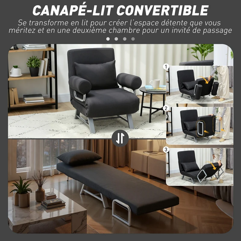 Fauteuil chauffeuse convertible 1 place 73 x 60 x 81 cm dossier réglable 5 positions confortable moderne en lin noir 21_0003029