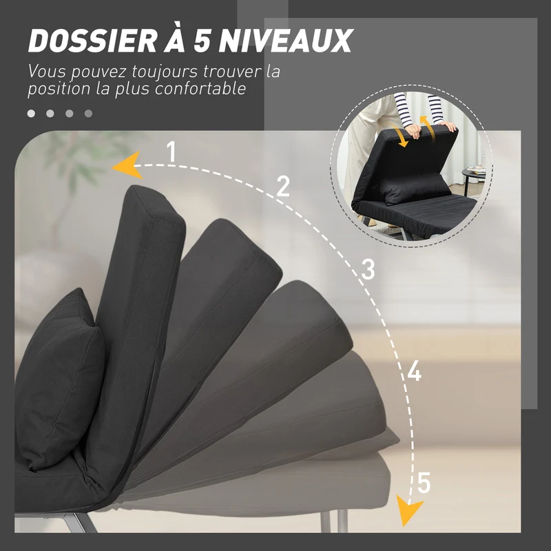 Fauteuil chauffeuse convertible 1 place 73 x 60 x 81 cm dossier réglable 5 positions confortable moderne en lin noir 21_0003029