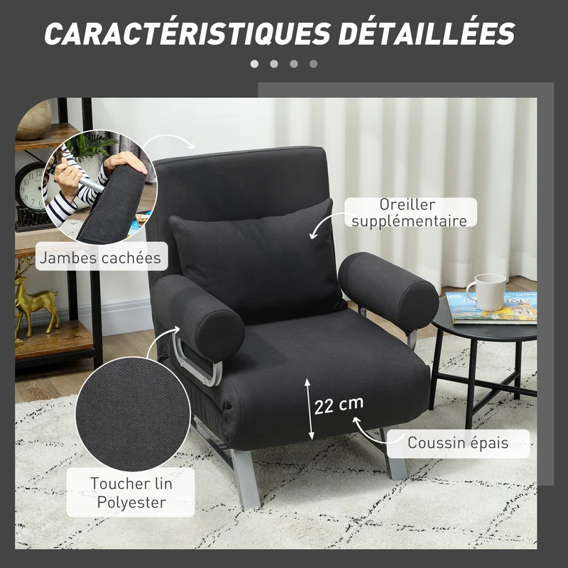 Fauteuil chauffeuse convertible 1 place 73 x 60 x 81 cm dossier réglable 5 positions confortable moderne en lin noir 21_0003029