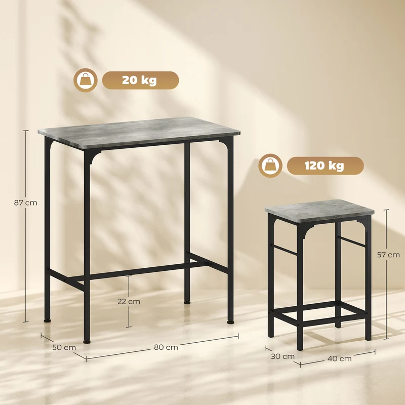Ensemble table de bar avec 2 tabourets gain de place 80 x 50 x 87 cm confortable style industriel fini mat en bois gris 21_0003308