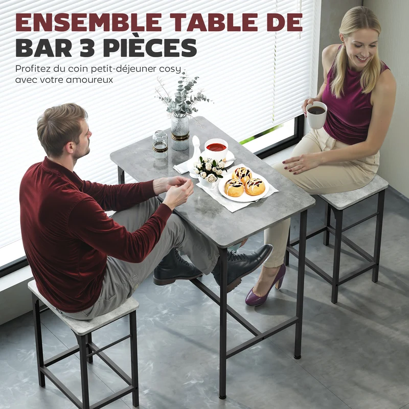 Ensemble table de bar avec 2 tabourets gain de place 80 x 50 x 87 cm confortable style industriel fini mat en bois gris 21_0003308