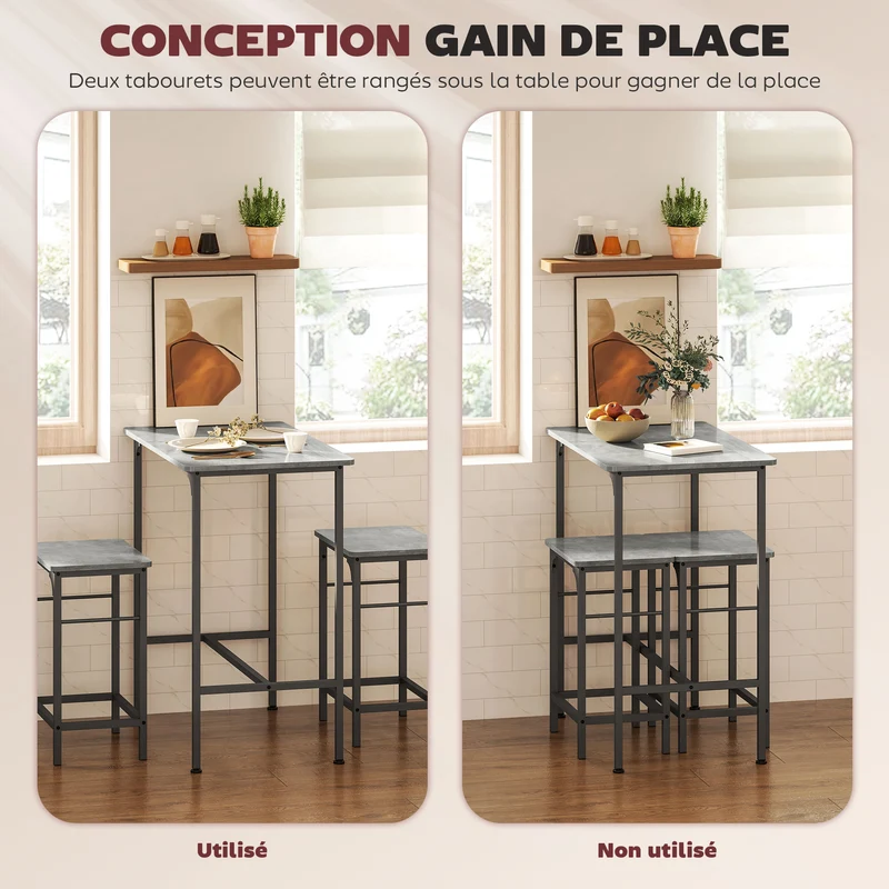 Ensemble table de bar avec 2 tabourets gain de place 80 x 50 x 87 cm confortable style industriel fini mat en bois gris 21_0003308