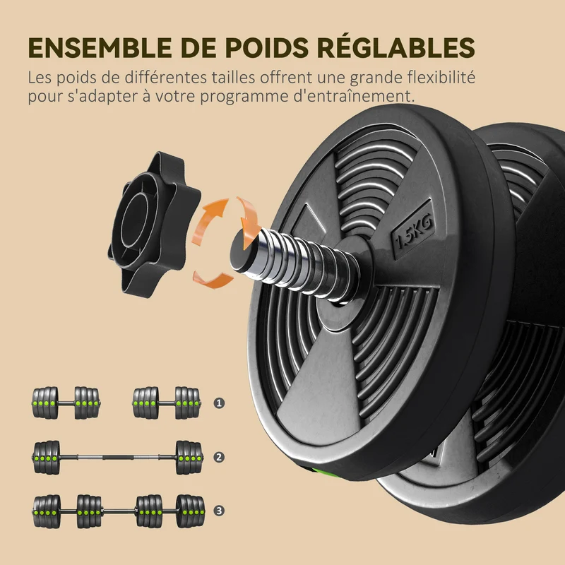 Ensemble d'haltères 2 en 1 barre et haltères salon 105 x 20 x 20 cm réglable 30 kg antidérapant moderne en acier noir 21_0006838
