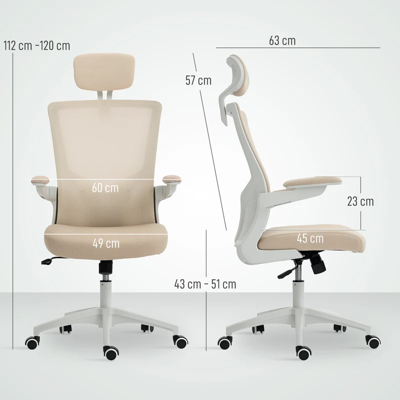 Chaise de bureau ergonomique 60 x 63 x 120 cm soutien lombaire réglable accoudoirs relevables moderne en polyester beige 21_0006319