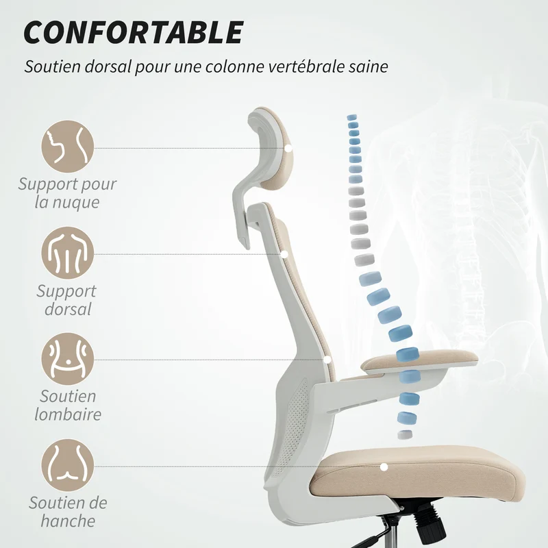 Chaise de bureau ergonomique 60 x 63 x 120 cm soutien lombaire réglable accoudoirs relevables moderne en polyester beige 21_0006319