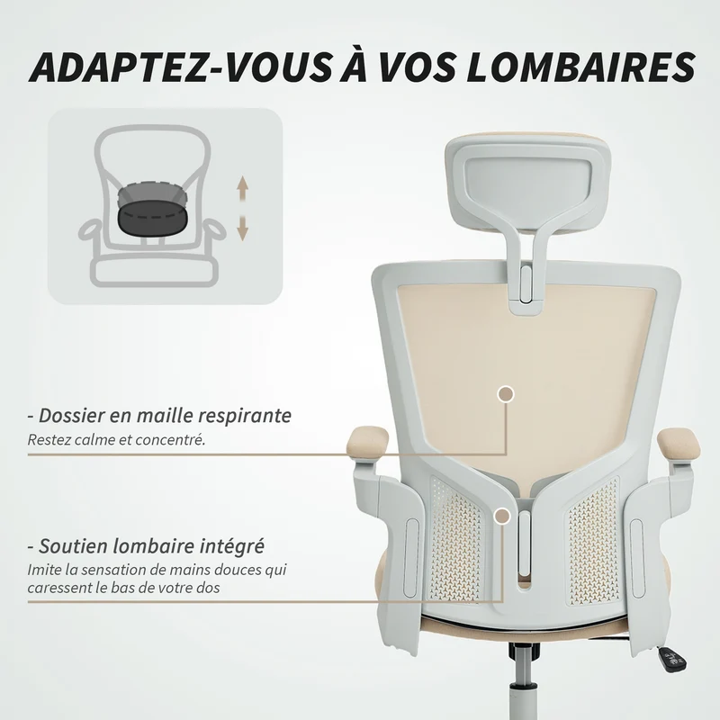 Chaise de bureau ergonomique 60 x 63 x 120 cm soutien lombaire réglable accoudoirs relevables moderne en polyester beige 21_0006319