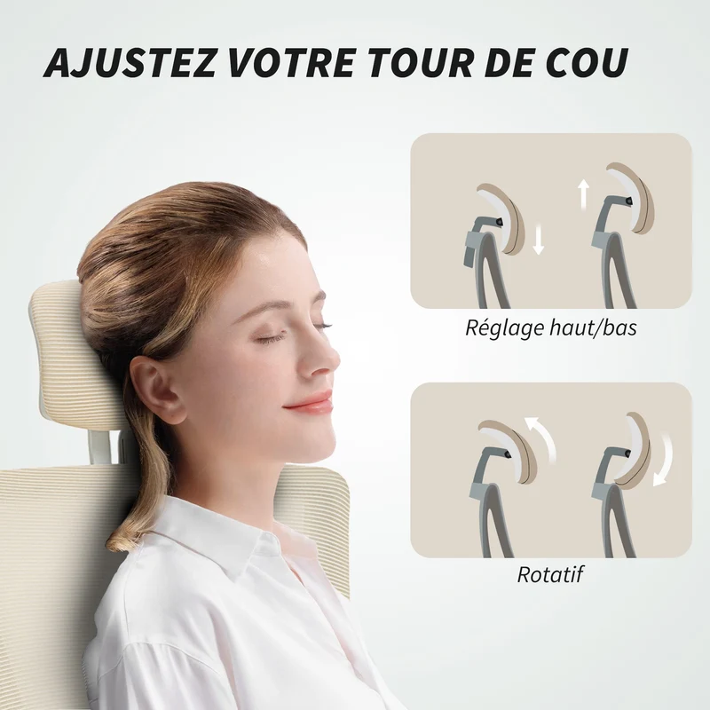 Chaise de bureau ergonomique 60 x 63 x 120 cm soutien lombaire réglable accoudoirs relevables moderne en polyester beige 21_0006319