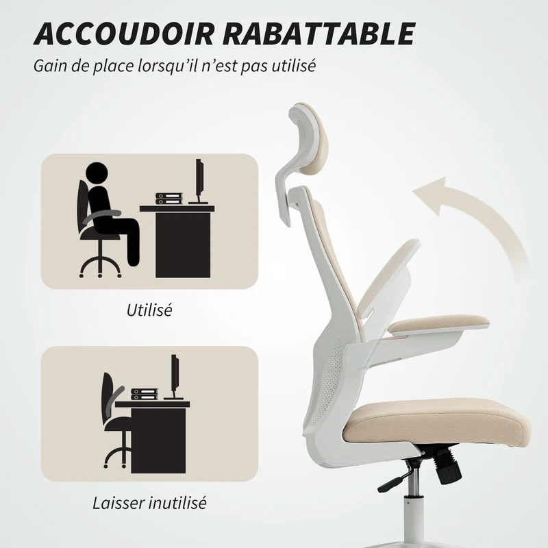 Chaise de bureau ergonomique 60 x 63 x 120 cm soutien lombaire réglable accoudoirs relevables moderne en polyester beige 21_0006319