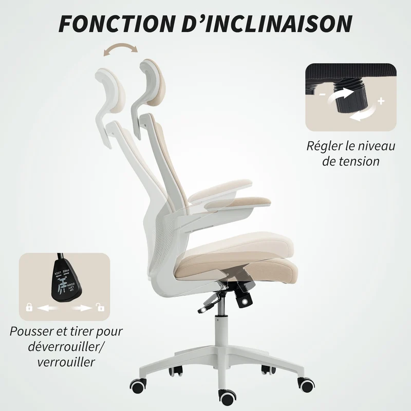 Chaise de bureau ergonomique 60 x 63 x 120 cm soutien lombaire réglable accoudoirs relevables moderne en polyester beige 21_0006319