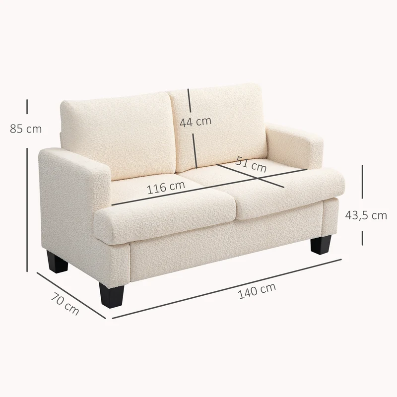 Canapé 2 places salon 140 x 70 x 85 cm assise 12 cm mousse haute densité coussins amovibles moderne en chenille beige 21_0003459