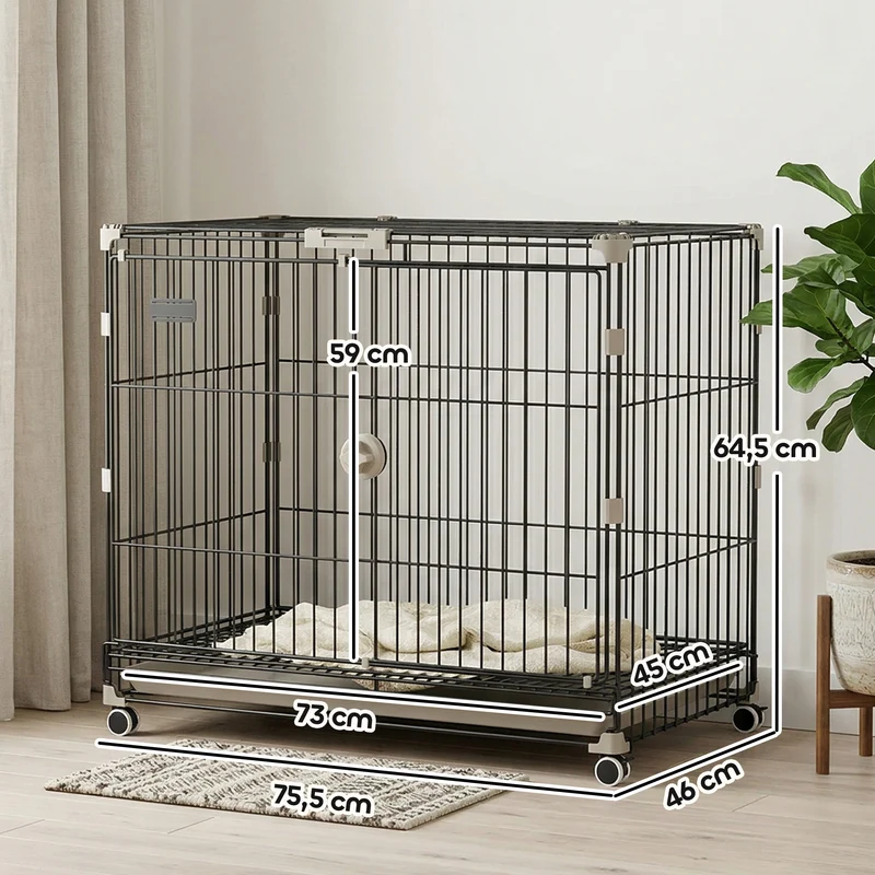 Cage pour chien roulante 75,5 x 46 x 64,5 cm plateau amovible hygiénique roues verrouillables moderne épuré en métal noir 21_0007317