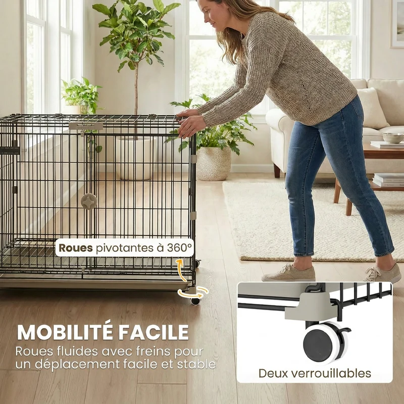 Cage pour chien roulante 75,5 x 46 x 64,5 cm plateau amovible hygiénique roues verrouillables moderne épuré en métal noir 21_0007317