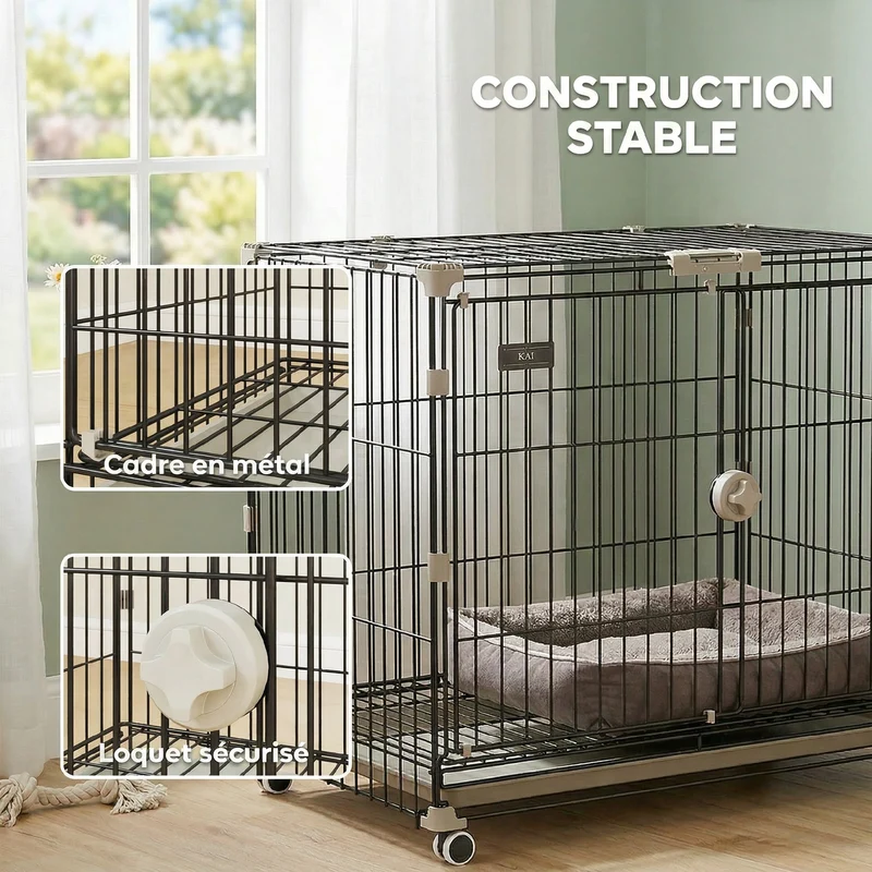 Cage pour chien roulante 75,5 x 46 x 64,5 cm plateau amovible hygiénique roues verrouillables moderne épuré en métal noir 21_0007317