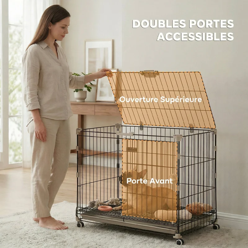 Cage pour chien roulante 75,5 x 46 x 64,5 cm plateau amovible hygiénique roues verrouillables moderne épuré en métal noir 21_0007317