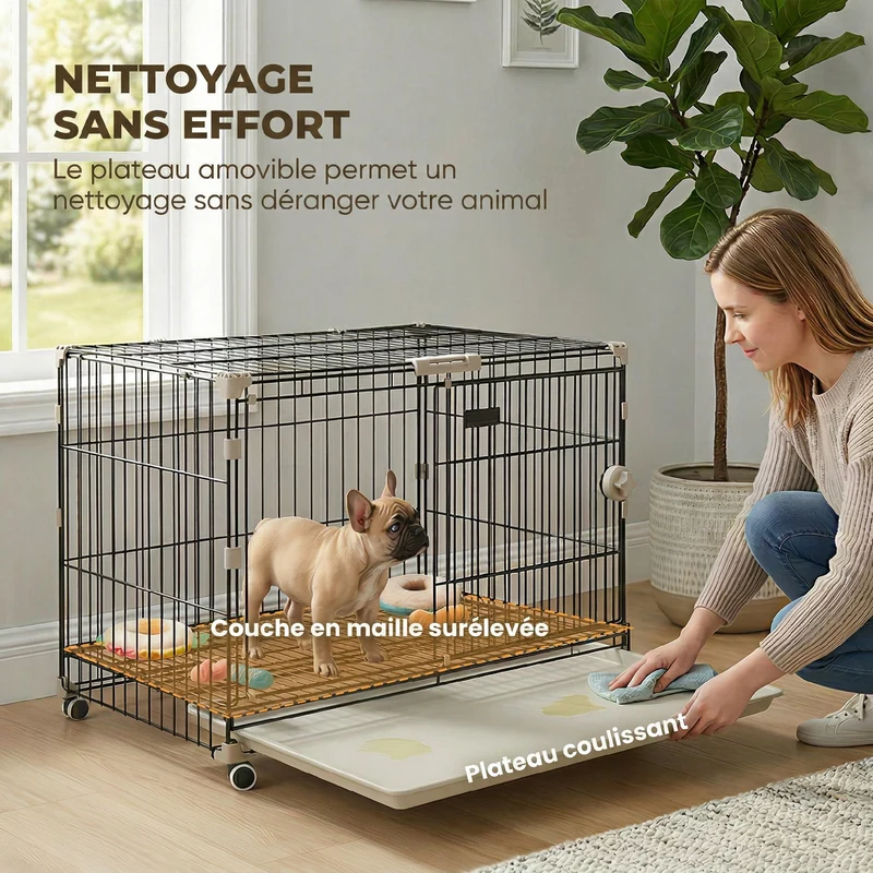 Cage pour chien roulante 75,5 x 46 x 64,5 cm plateau amovible hygiénique roues verrouillables moderne épuré en métal noir 21_0007317