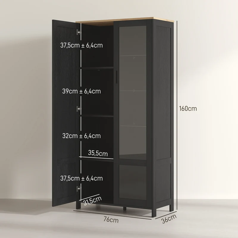 Buffet vitrine cuisine 76 x 36 x 160 cm étagères réglables 9 compartiments moderne épuré en panneau de particules noir 21_0002276