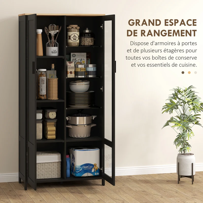 Buffet vitrine cuisine 76 x 36 x 160 cm étagères réglables 9 compartiments moderne épuré en panneau de particules noir 21_0002276