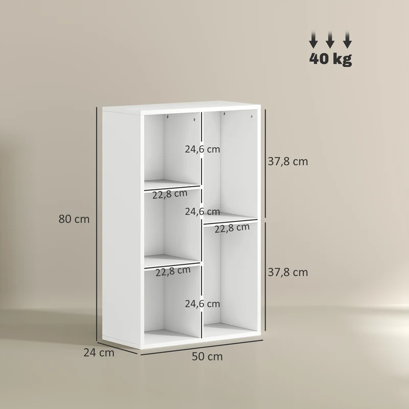 Bibliothèque étagère de rangement 50 x 24 x 80 cm 5 compartiments antibasculement moderne en panneau de particules blanc 21_0002504
