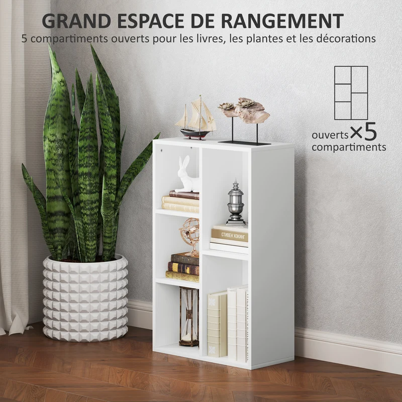 Bibliothèque étagère de rangement 50 x 24 x 80 cm 5 compartiments antibasculement moderne en panneau de particules blanc 21_0002504