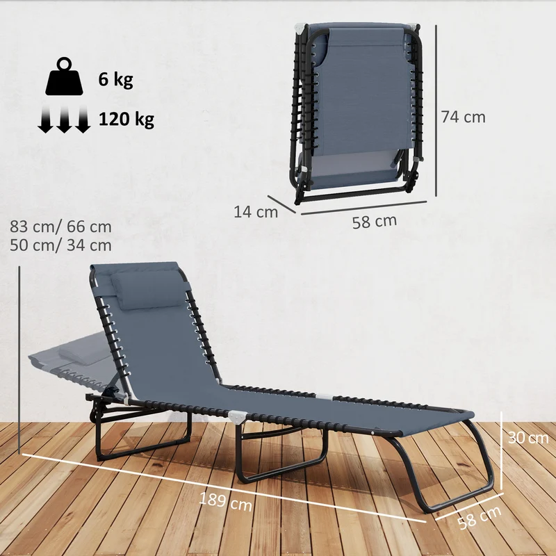 Bain de soleil pliable jardin 189 x 58 x 30 cm dossier multi positions stable et design en acier thermoplastique gris 21_0004597