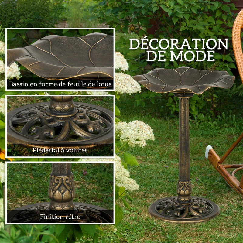 Bain d'oiseaux abreuvoir feuille de lotus 50 x 71 cm bassin accueillant stable et chic cosy style rustique en PP bronze 21_0003987