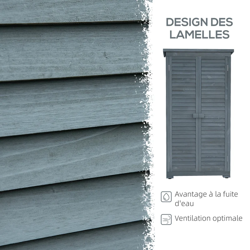 Armoire jardin rangement outils 87 x 46,5 x 160 cm 2 étagères portes persiennes à loquet moderne en bois de sapin gris 21_0004127
