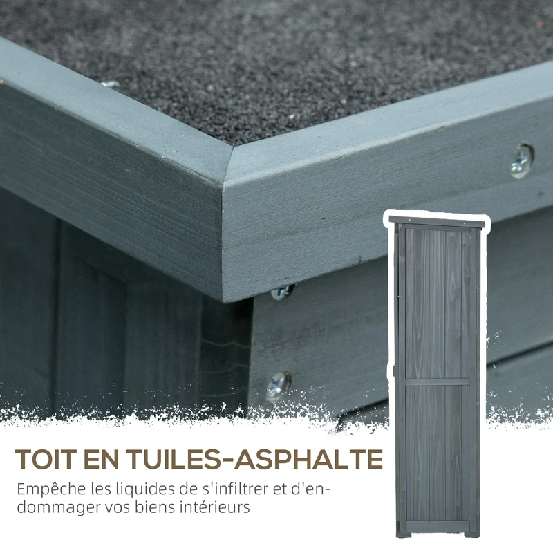 Armoire jardin rangement outils 87 x 46,5 x 160 cm 2 étagères portes persiennes à loquet moderne en bois de sapin gris 21_0004127